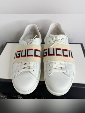 Gucci Ace Elastic Band Sneakers Mens Size 6 White Red Leather Low Top 523469